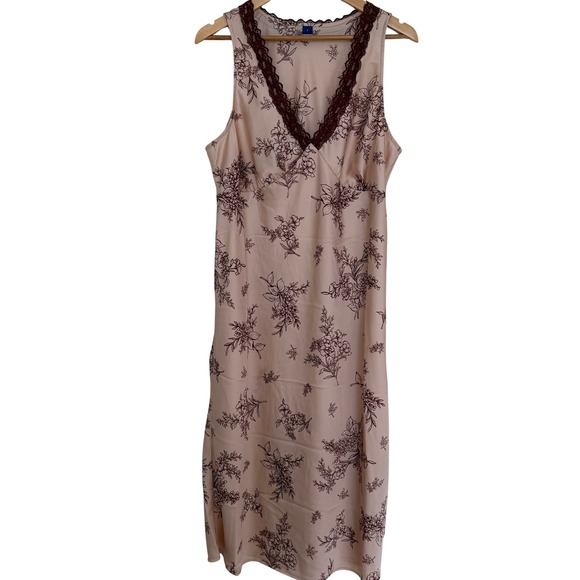 Old Navy Dresses & Skirts - Women's Pink Floral Satin Lace Trim Midi Slip Dress Large Feminine Romantic